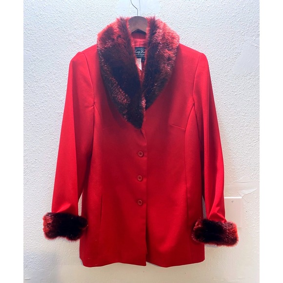 Terry Lewis Classic Luxuries Jackets & Blazers - Terry Lewis Classic Luxuries Women Small Red Faux Fur Collar Cuff Blazer Jacket